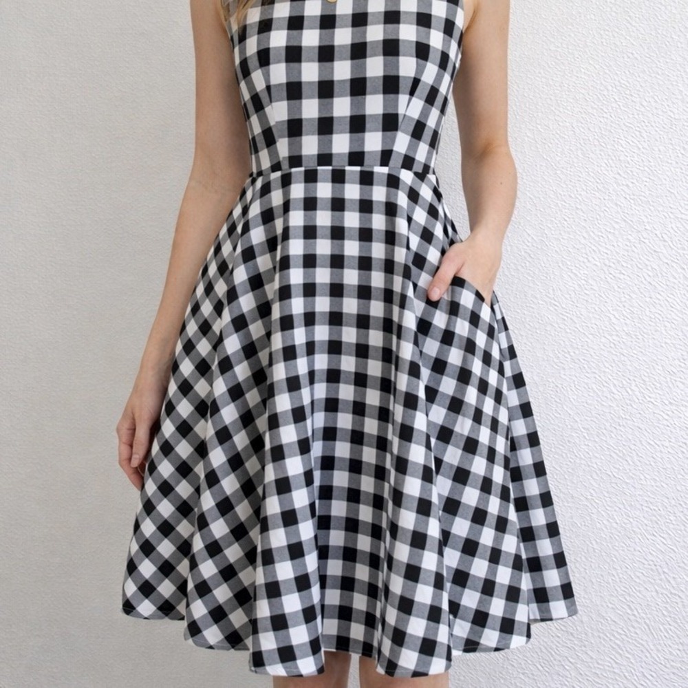 Maggy London Black White Gingham Fit Flare Dress Sleeveless Knee Sz 4 S Prairie - Picture 1 of 9